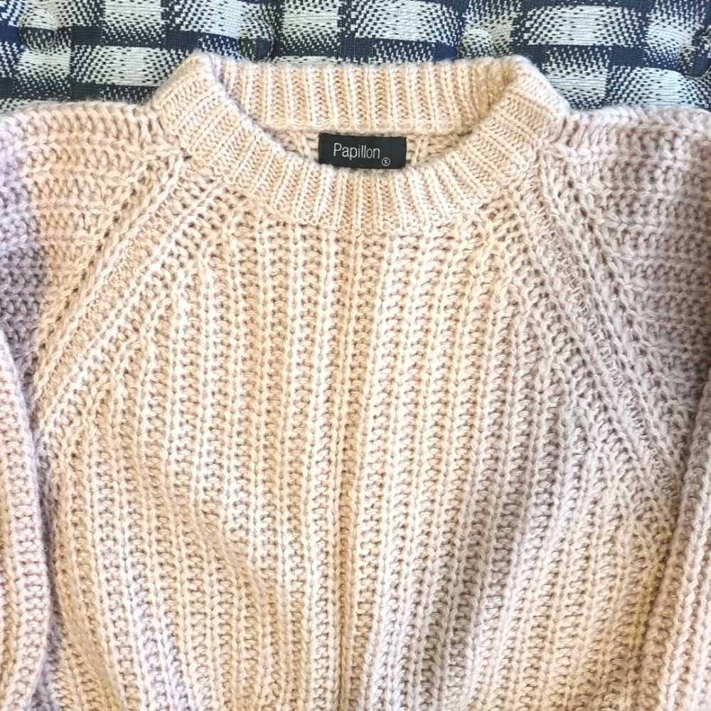 Papillion Cozycore Chunky Knit Sweater Balloon Sleeves Assymetrical Hem Pink - Picture 5 of 12